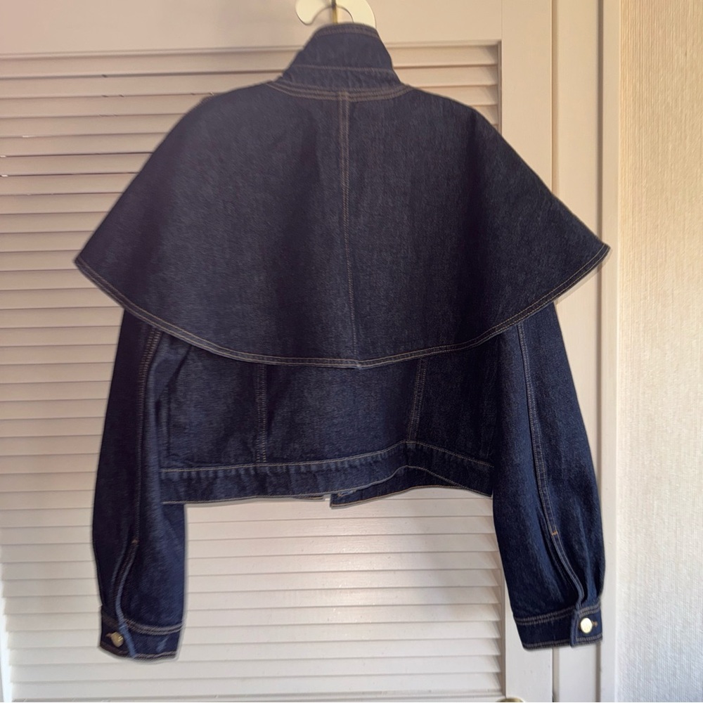 Ulla Johnson Dark Blue Denim Cape-Trim Jacket - Picture 3 of 5